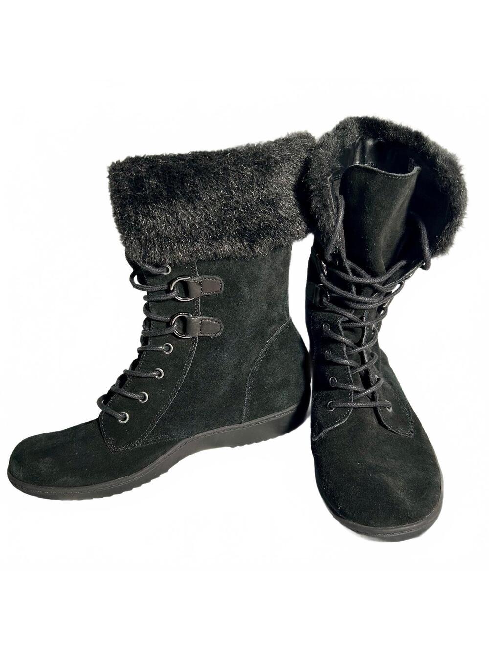Aerosoles Pinelands Women 7.5M Black Suede Leather Faux Fur Lace Up Winter Boots